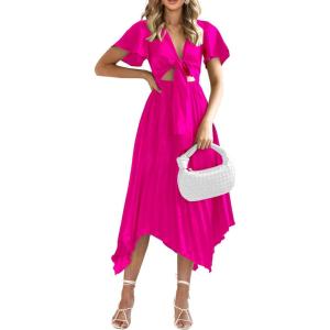 imagePRETTYGARDEN Womens 2023 Satin Summer Dress Short Sleeve V Neck Tie Front Cutout Pleated A Line Midi Dresses Rose RedXXLarge