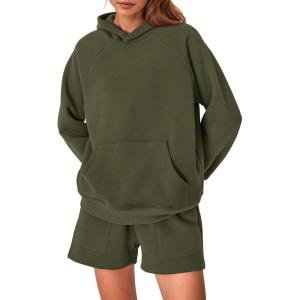 imagePRETTYGARDEN Womens 2024 Fall Fashion Clothes Hoodie Sweatshirt And Lounge Shorts Tracksuit Sets Outfits Army GreenLarge