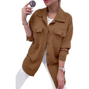 imagePRETTYGARDEN Womens 2024 Winter Jackets Lapel Coat Outerwear Casual Long Sleeve Button Down Blouse Shirts Tops Dark KhakiLarge