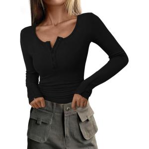 imagePRETTYGARDEN Womens 2025 Summer Long Sleeve Henley T Shirts Ribbed Knit Button Slim Fitted Basic Casual Going Out Fall TopsBlack