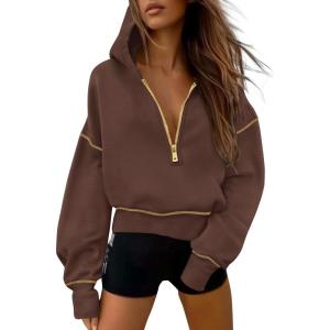 imagePRETTYGARDEN Womens 2026 Fall Hooded Sweatshirts Long Sleeve Half Zip Cropped Hoodies Pullover Winter Fashion ClothesBrown Coffee