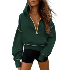 imagePRETTYGARDEN Womens 2026 Fall Hooded Sweatshirts Long Sleeve Half Zip Cropped Hoodies Pullover Winter Fashion ClothesDark Green