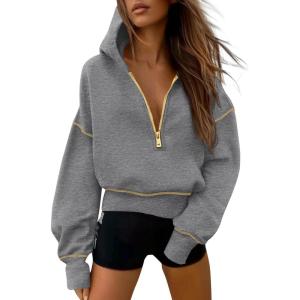 imagePRETTYGARDEN Womens 2026 Fall Hooded Sweatshirts Long Sleeve Half Zip Cropped Hoodies Pullover Winter Fashion ClothesDark Grey