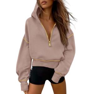imagePRETTYGARDEN Womens 2026 Fall Hooded Sweatshirts Long Sleeve Half Zip Cropped Hoodies Pullover Winter Fashion ClothesKhaki