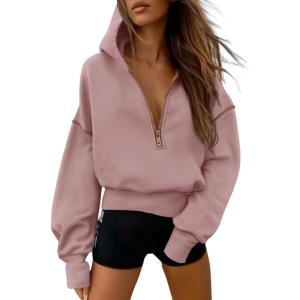 imagePRETTYGARDEN Womens 2026 Fall Hooded Sweatshirts Long Sleeve Half Zip Cropped Hoodies Pullover Winter Fashion ClothesPink