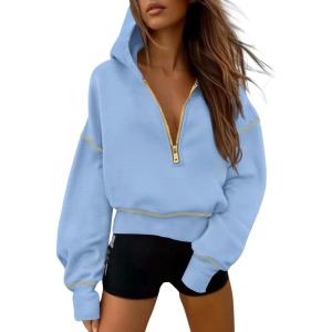 imagePRETTYGARDEN Womens 2026 Fall Hooded Sweatshirts Long Sleeve Half Zip Cropped Hoodies Pullover Winter Fashion ClothesSky Blue