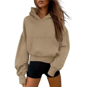 imagePRETTYGARDEN Womens 2026 Fall Hooded Sweatshirts Long Sleeve Half Zip Cropped Hoodies Pullover Winter Fashion ClothesStyle 2khaki