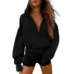 imagePRETTYGARDEN Womens 2026 Fall Hooded Sweatshirts Long Sleeve Half Zip Cropped Hoodies Pullover Winter Fashion ClothesStyle 3black
