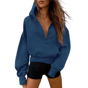 imagePRETTYGARDEN Womens 2026 Fall Hooded Sweatshirts Long Sleeve Half Zip Cropped Hoodies Pullover Winter Fashion ClothesStyle 3dark Blue