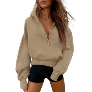 imagePRETTYGARDEN Womens 2026 Fall Hooded Sweatshirts Long Sleeve Half Zip Cropped Hoodies Pullover Winter Fashion ClothesStyle 3khaki