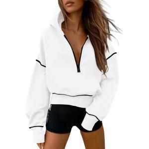 imagePRETTYGARDEN Womens 2026 Fall Hooded Sweatshirts Long Sleeve Half Zip Cropped Hoodies Pullover Winter Fashion ClothesWhite