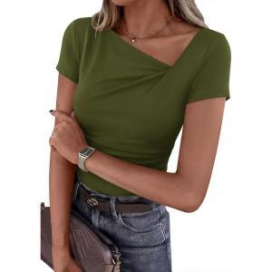 imagePRETTYGARDEN Womens 2026 Summer Asymmetrical Y2K Tops Trendy Ribbed Short Sleeve Fitted Tee Shirts Spring Fashion ClothingArmy Green