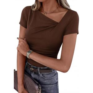 imagePRETTYGARDEN Womens 2026 Summer Asymmetrical Y2K Tops Trendy Ribbed Short Sleeve Fitted Tee Shirts Spring Fashion ClothingBrown
