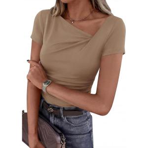 imagePRETTYGARDEN Womens 2026 Summer Asymmetrical Y2K Tops Trendy Ribbed Short Sleeve Fitted Tee Shirts Spring Fashion ClothingKhaki