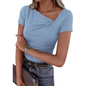 imagePRETTYGARDEN Womens 2026 Summer Asymmetrical Y2K Tops Trendy Ribbed Short Sleeve Fitted Tee Shirts Spring Fashion ClothingLight Blue