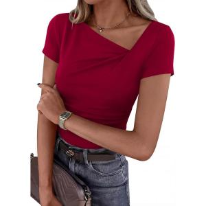 imagePRETTYGARDEN Womens 2026 Summer Asymmetrical Y2K Tops Trendy Ribbed Short Sleeve Fitted Tee Shirts Spring Fashion ClothingRed