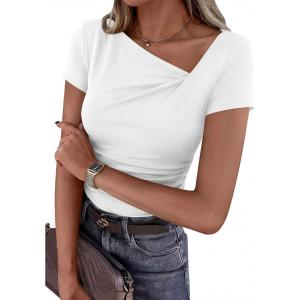 imagePRETTYGARDEN Womens 2026 Summer Asymmetrical Y2K Tops Trendy Ribbed Short Sleeve Fitted Tee Shirts Spring Fashion ClothingWhite