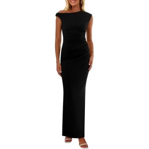 imagePRETTYGARDEN Womens 2026 Summer Formal Maxi Dresses Sleeveless One Shoulder Bodycon Ruched Mesh Wedding Guest Cocktail DressBlack