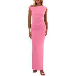 imagePRETTYGARDEN Womens 2026 Summer Formal Maxi Dresses Sleeveless One Shoulder Bodycon Ruched Mesh Wedding Guest Cocktail DressPink