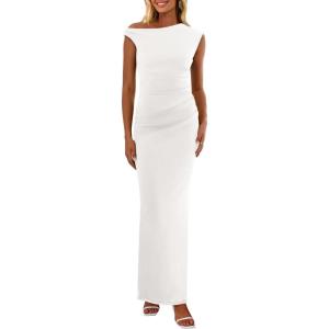 imagePRETTYGARDEN Womens 2026 Summer Formal Maxi Dresses Sleeveless One Shoulder Bodycon Ruched Mesh Wedding Guest Cocktail DressWhite