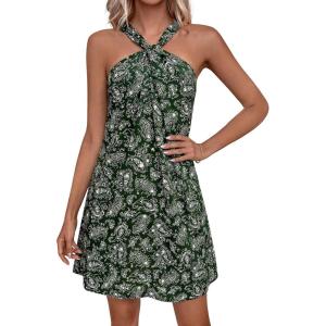 imagePRETTYGARDEN Womens 2026 Summer Halter Mini Dress Sleeveless Boho Floral Short Sundress Casual Flowy Beach DressesFloral Dark Army Green