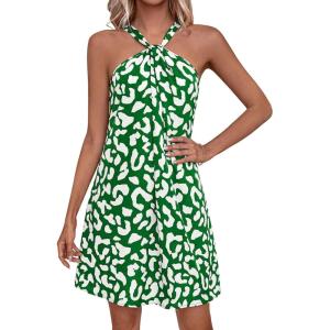 imagePRETTYGARDEN Womens 2026 Summer Halter Mini Dress Sleeveless Boho Floral Short Sundress Casual Flowy Beach DressesGreen Leopard
