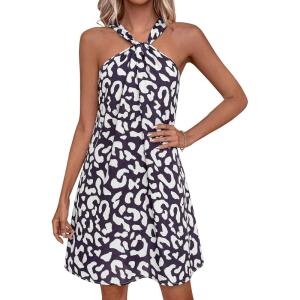 imagePRETTYGARDEN Womens 2026 Summer Halter Mini Dress Sleeveless Boho Floral Short Sundress Casual Flowy Beach DressesLeopard Black
