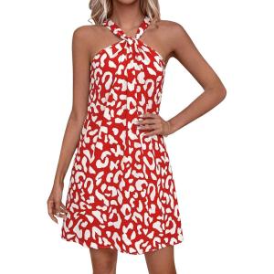 imagePRETTYGARDEN Womens 2026 Summer Halter Mini Dress Sleeveless Boho Floral Short Sundress Casual Flowy Beach DressesRed Leopard