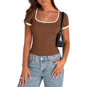 imagePRETTYGARDEN Womens 2026 Summer Short Sleeve Ribbed Knit T Shirts Square Neck Color Block Slim Fit Basic Tees Going Out TopsBrown