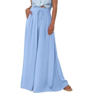 imagePRETTYGARDEN Womens 2026 Summer Wide Leg Palazzo Pants High Waisted Flowy Pockets Spring Casual Lounge Boho Beach TrousersBlue