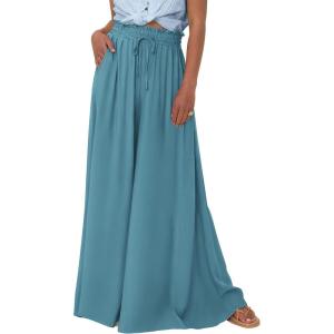 imagePRETTYGARDEN Womens 2026 Summer Wide Leg Palazzo Pants High Waisted Flowy Pockets Spring Casual Lounge Boho Beach TrousersBlue Green