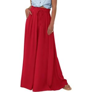 imagePRETTYGARDEN Womens 2026 Summer Wide Leg Palazzo Pants High Waisted Flowy Pockets Spring Casual Lounge Boho Beach TrousersRed