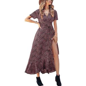 imagePRETTYGARDEN Womens Boho Floral Maxi Dress Summer Short Sleeve Wrap V Neck Long Flowy Beach Vacation Wedding Guest DressesBlack Red Floral