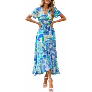 imagePRETTYGARDEN Womens Boho Floral Maxi Dress Summer Short Sleeve Wrap V Neck Long Flowy Beach Vacation Wedding Guest DressesBlue Floral