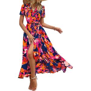 imagePRETTYGARDEN Womens Boho Floral Maxi Dress Summer Short Sleeve Wrap V Neck Long Flowy Beach Vacation Wedding Guest DressesBlue Orange Floral