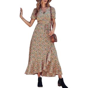 imagePRETTYGARDEN Womens Boho Floral Maxi Dress Summer Short Sleeve Wrap V Neck Long Flowy Beach Vacation Wedding Guest DressesBlue Pink Floral