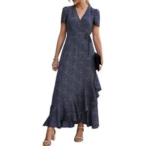 imagePRETTYGARDEN Womens Boho Floral Maxi Dress Summer Short Sleeve Wrap V Neck Long Flowy Beach Vacation Wedding Guest DressesBlueWhite