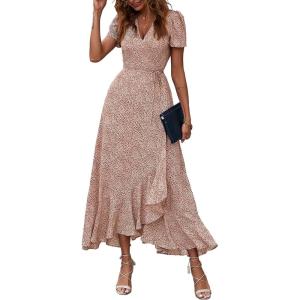 imagePRETTYGARDEN Womens Boho Floral Maxi Dress Summer Short Sleeve Wrap V Neck Long Flowy Beach Vacation Wedding Guest DressesBrown