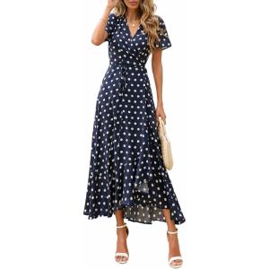 imagePRETTYGARDEN Womens Boho Floral Maxi Dress Summer Short Sleeve Wrap V Neck Long Flowy Beach Vacation Wedding Guest DressesDot Navy White