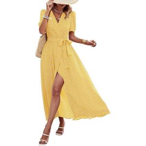 imagePRETTYGARDEN Womens Boho Floral Maxi Dress Summer Short Sleeve Wrap V Neck Long Flowy Beach Vacation Wedding Guest DressesDot Yellow White