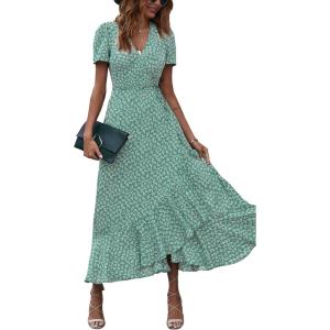 imagePRETTYGARDEN Womens Boho Floral Maxi Dress Summer Short Sleeve Wrap V Neck Long Flowy Beach Vacation Wedding Guest DressesGreen