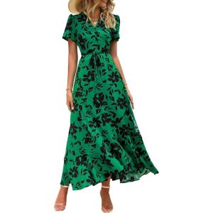 imagePRETTYGARDEN Womens Boho Floral Maxi Dress Summer Short Sleeve Wrap V Neck Long Flowy Beach Vacation Wedding Guest DressesGreen Floral