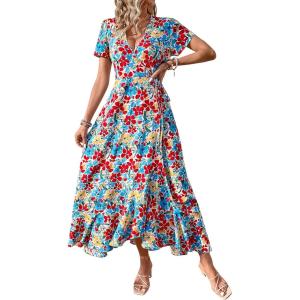 imagePRETTYGARDEN Womens Boho Floral Maxi Dress Summer Short Sleeve Wrap V Neck Long Flowy Beach Vacation Wedding Guest DressesRed Blue Floral