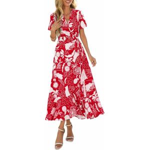 imagePRETTYGARDEN Womens Boho Floral Maxi Dress Summer Short Sleeve Wrap V Neck Long Flowy Beach Vacation Wedding Guest DressesRed Print