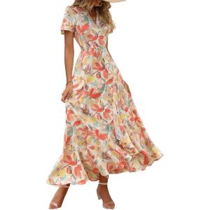 imagePRETTYGARDEN Womens Boho Floral Maxi Dress Summer Short Sleeve Wrap V Neck Long Flowy Beach Vacation Wedding Guest DressesWhite Floral