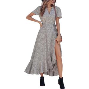 imagePRETTYGARDEN Womens Boho Floral Maxi Dress Summer Short Sleeve Wrap V Neck Long Flowy Beach Vacation Wedding Guest DressesWhite Leopard