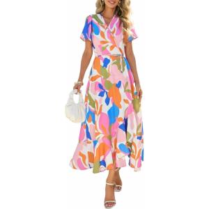 imagePRETTYGARDEN Womens Boho Floral Maxi Dress Summer Short Sleeve Wrap V Neck Long Flowy Beach Vacation Wedding Guest DressesWhite Multicolored