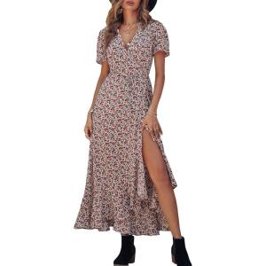 imagePRETTYGARDEN Womens Boho Floral Maxi Dress Summer Short Sleeve Wrap V Neck Long Flowy Beach Vacation Wedding Guest DressesWhite Red Floral