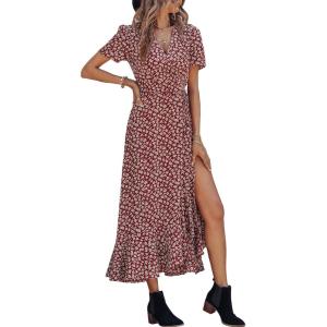 imagePRETTYGARDEN Womens Boho Floral Maxi Dress Summer Short Sleeve Wrap V Neck Long Flowy Beach Vacation Wedding Guest DressesWine Red Floral
