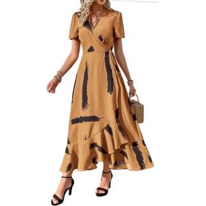 imagePRETTYGARDEN Womens Boho Floral Maxi Dress Summer Short Sleeve Wrap V Neck Long Flowy Beach Vacation Wedding Guest DressesYellow Black Ink